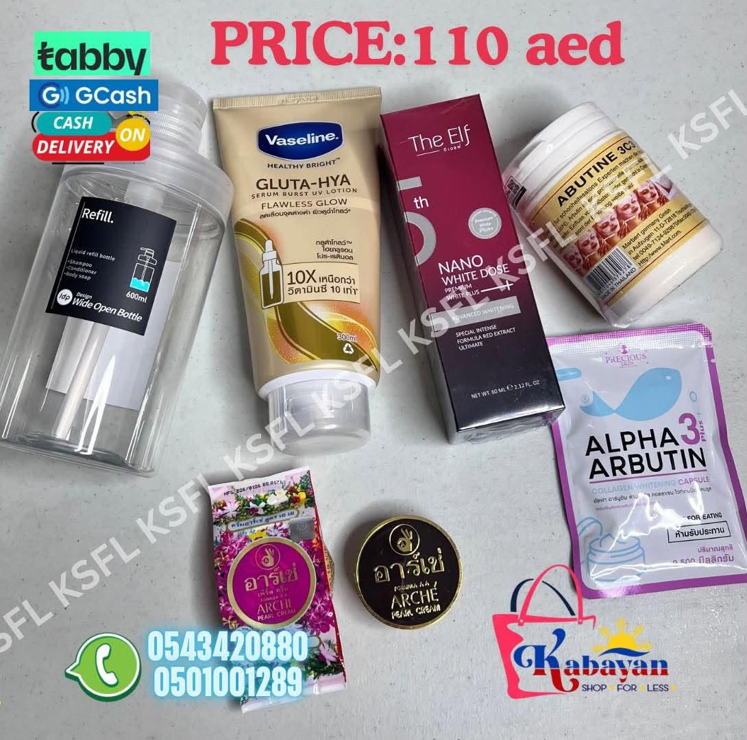 THAILAND SET VASELINE LOTION + THE ELF NANO SERUM + ARBUTIN 3C3 CREAM + ARCHE CREAM + ALPHA ARBUTIN CAPSULE + FREE 1 EMPTY BOTTLE